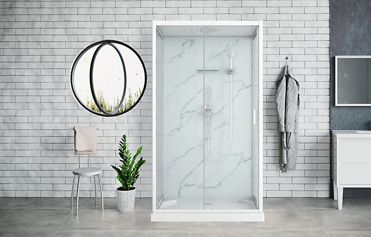 Cabine de douche, paroi fond verre effet marbre blanc, receveur extra-plat acrylique blanc renforcé 120x80x11 cm Enorh Allibert