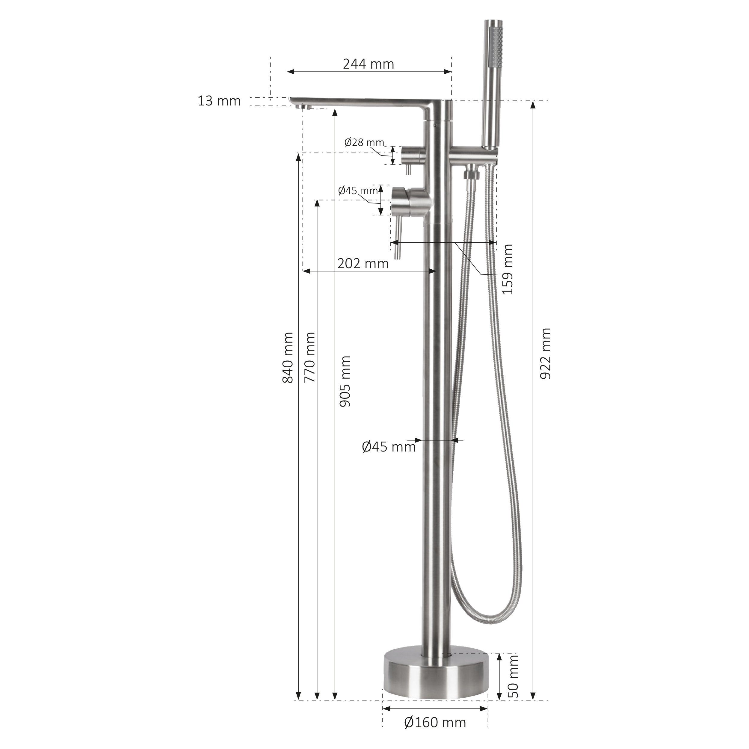 Differnz Harley vrijstaande badkraan met rechte uitloop chroom mat