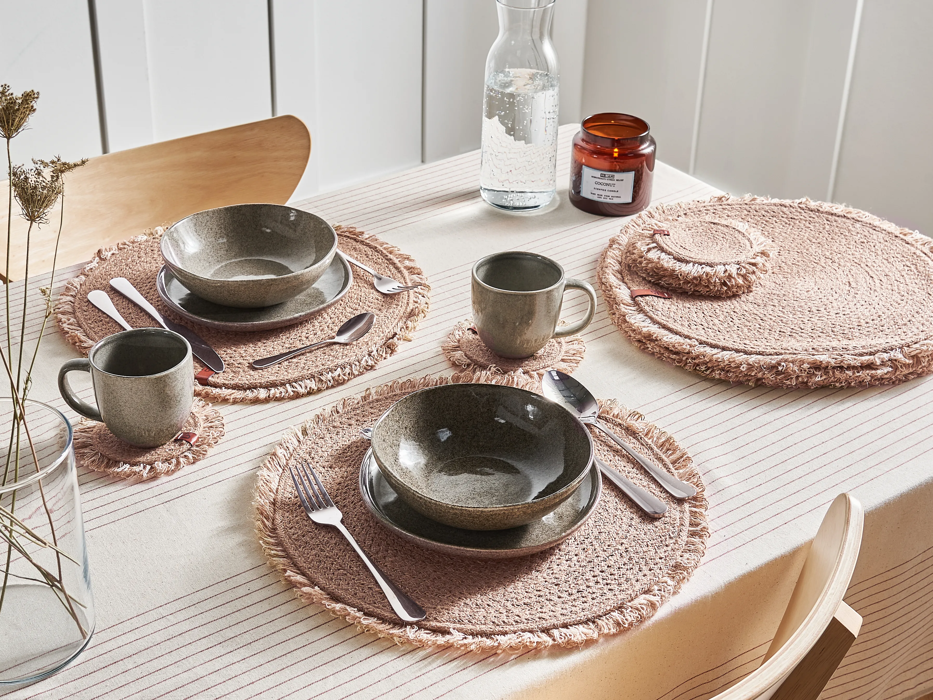 Placemats en onderzetters set RIBBERY Natuurlijk Jute
