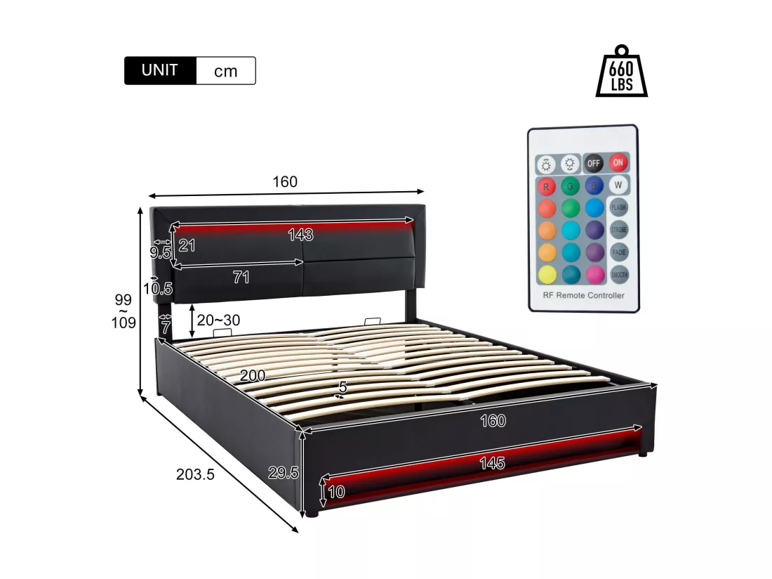 Lit coffre 160x200 cm en similicuir avec LED - avec ports de recharge (filaire & sans fil) - Noir