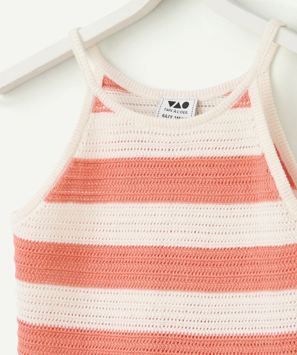 débardeur tricot fille en coton bio rayé corail et blanc