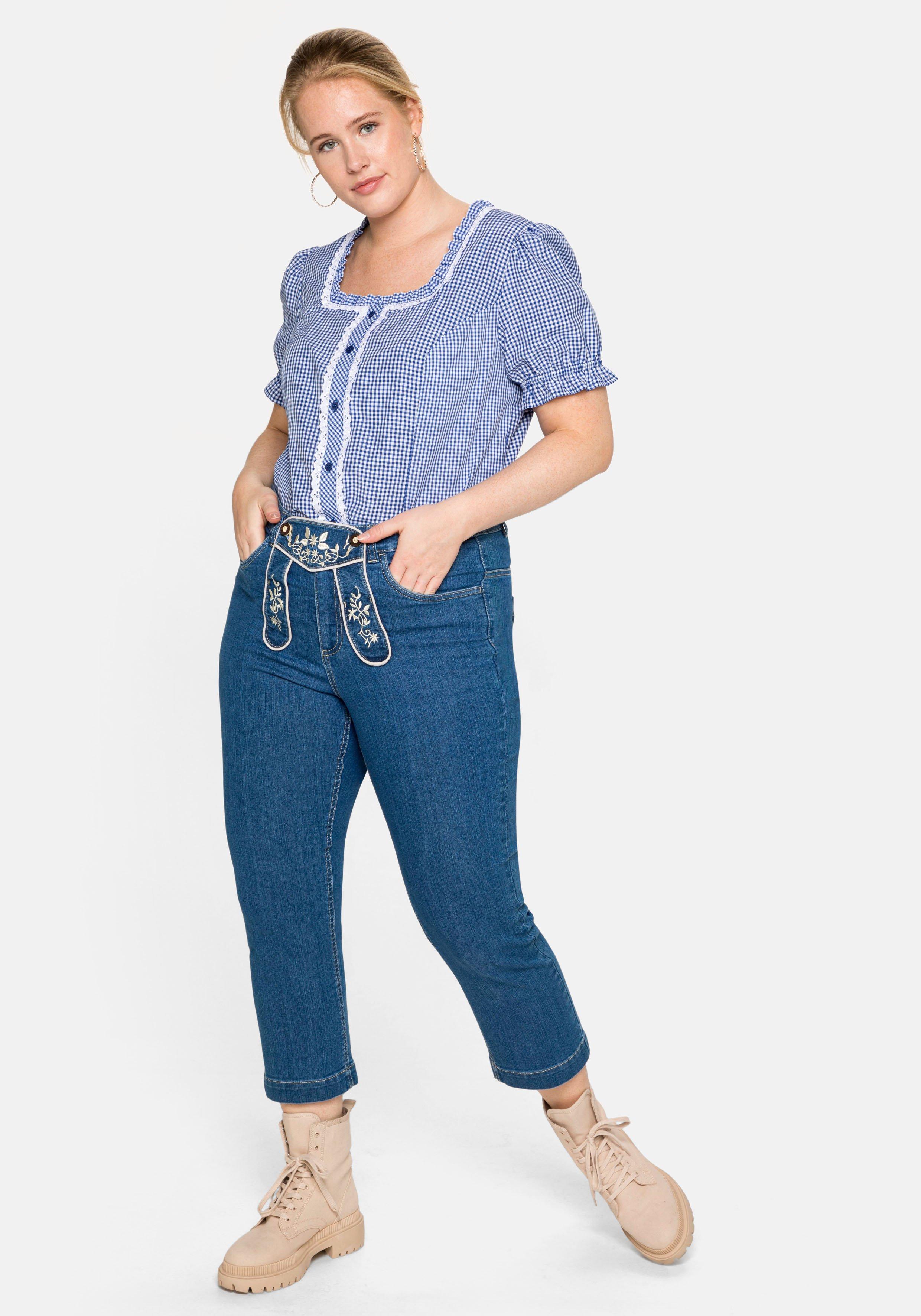 Trachtenbluse im Karo-Design, mit Spitzenbesatz