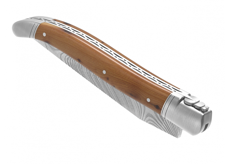Couteau Laguiole collection damas avec un manche en bois de genévrier et 2 mitres en acier inoxydable