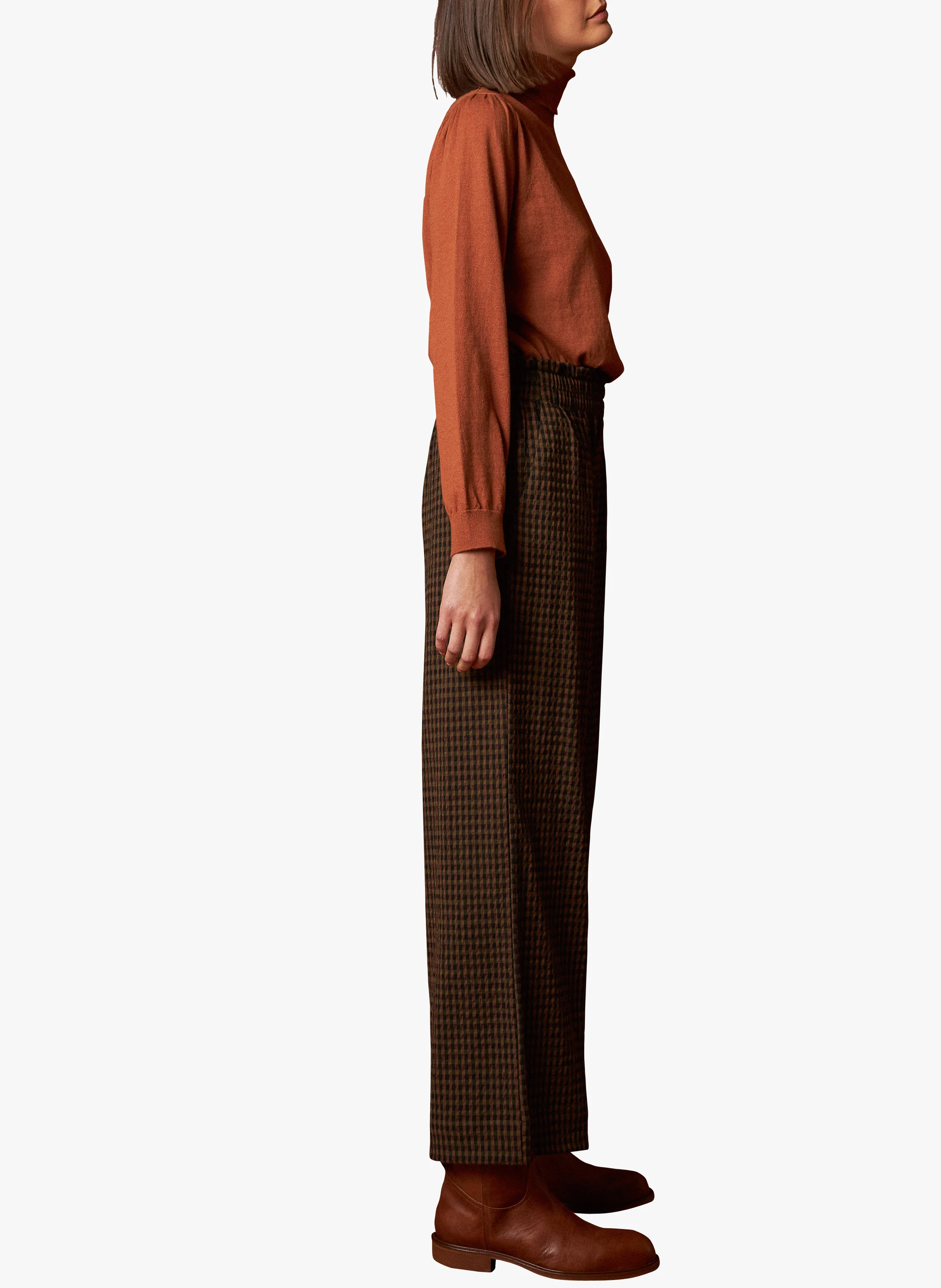 Pantalon large à carreaux| Marron