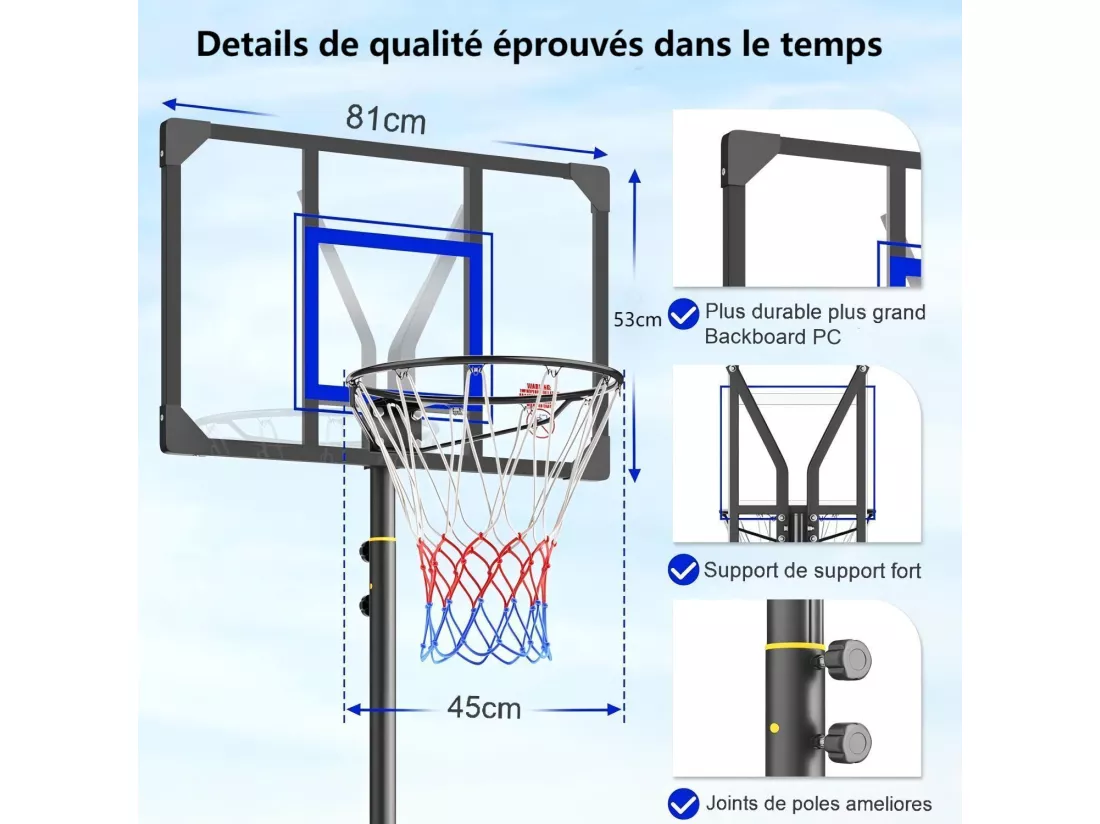 Panier de Basket-Ball, 1,54-2,6 m rapidement réglable, avec base remplissant et 2 roues, pour Enfant/Adultes - 86x81x260cm