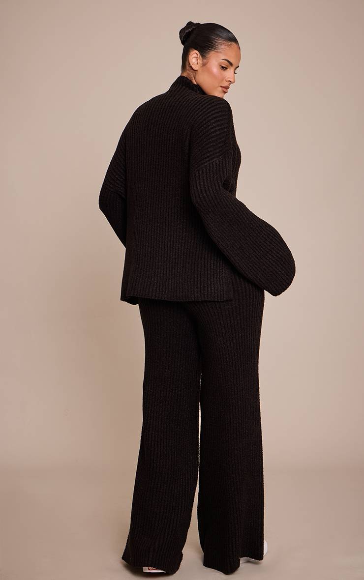 Noir Pantalon Large En Maille Bouclée Côtelée Grande Taille