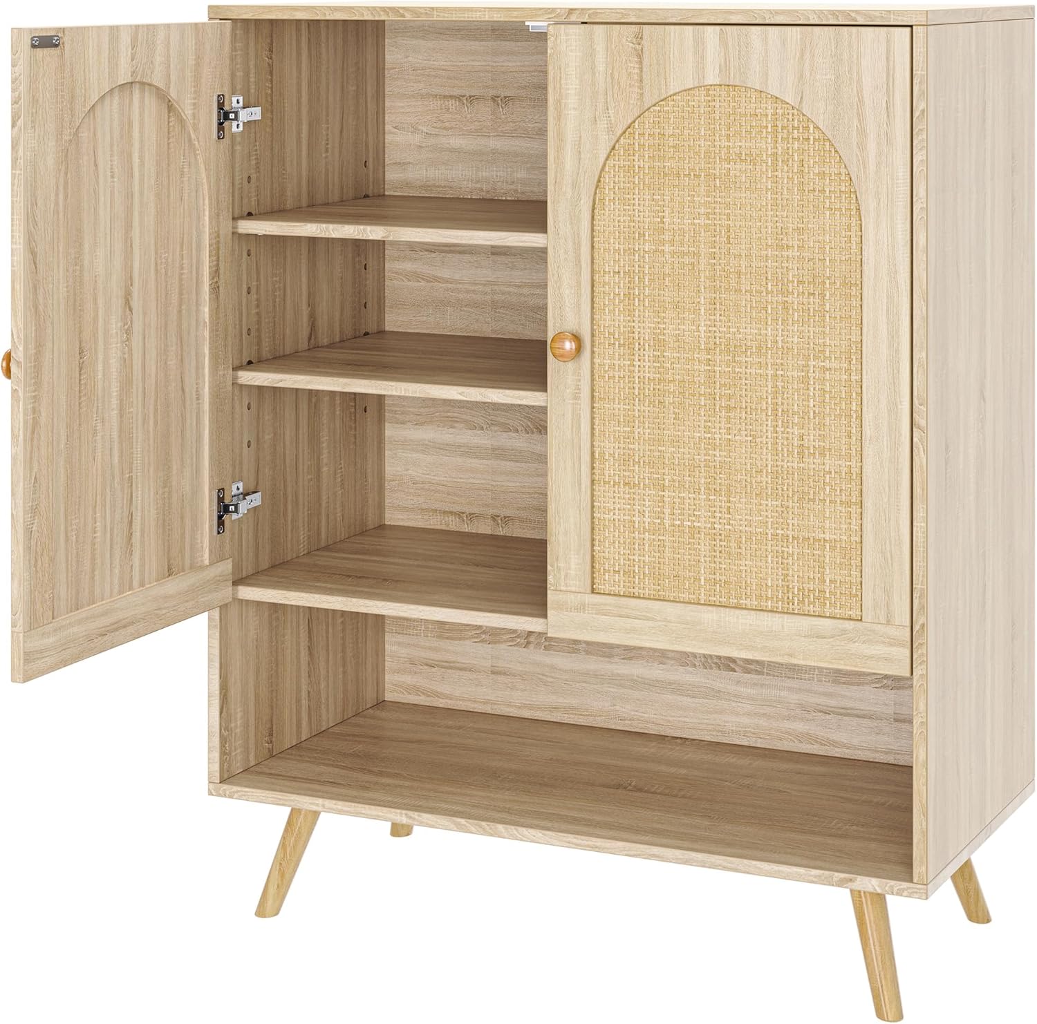 Sideboard Mit 2 Rattan-Türen, 4-Design Ablagen, Höhenverstellbare Aufbewahrung, Massivholzbeine Soft-Close, Buffetschrank Kommode Für Küche, Wohnzimmer, Flur, 82x100x40 cm (Eiche) SB2226429