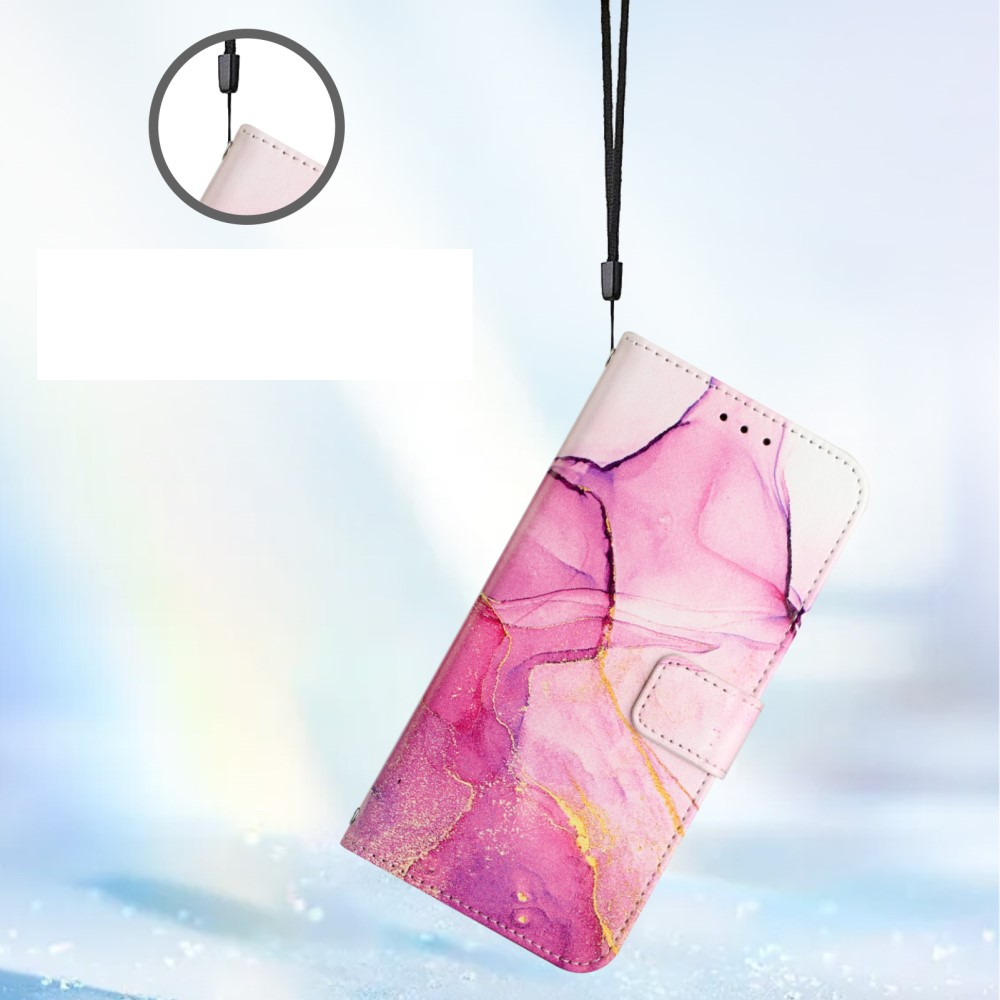 iPhone 12 / iPhone 12 Pro Leder Tasche mit Kartenfach   Handschlaufe Marble Marmor - Pink / Rosa