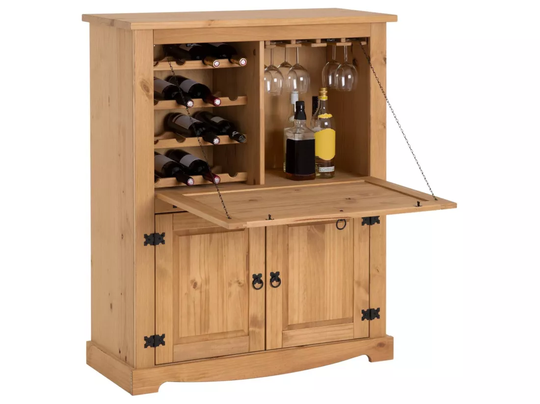 Meuble bar à vin TEQUILA armoire comptoir avec range bouteilles et range verres, bahut de style mexicain en pin massif teinté/ciré
