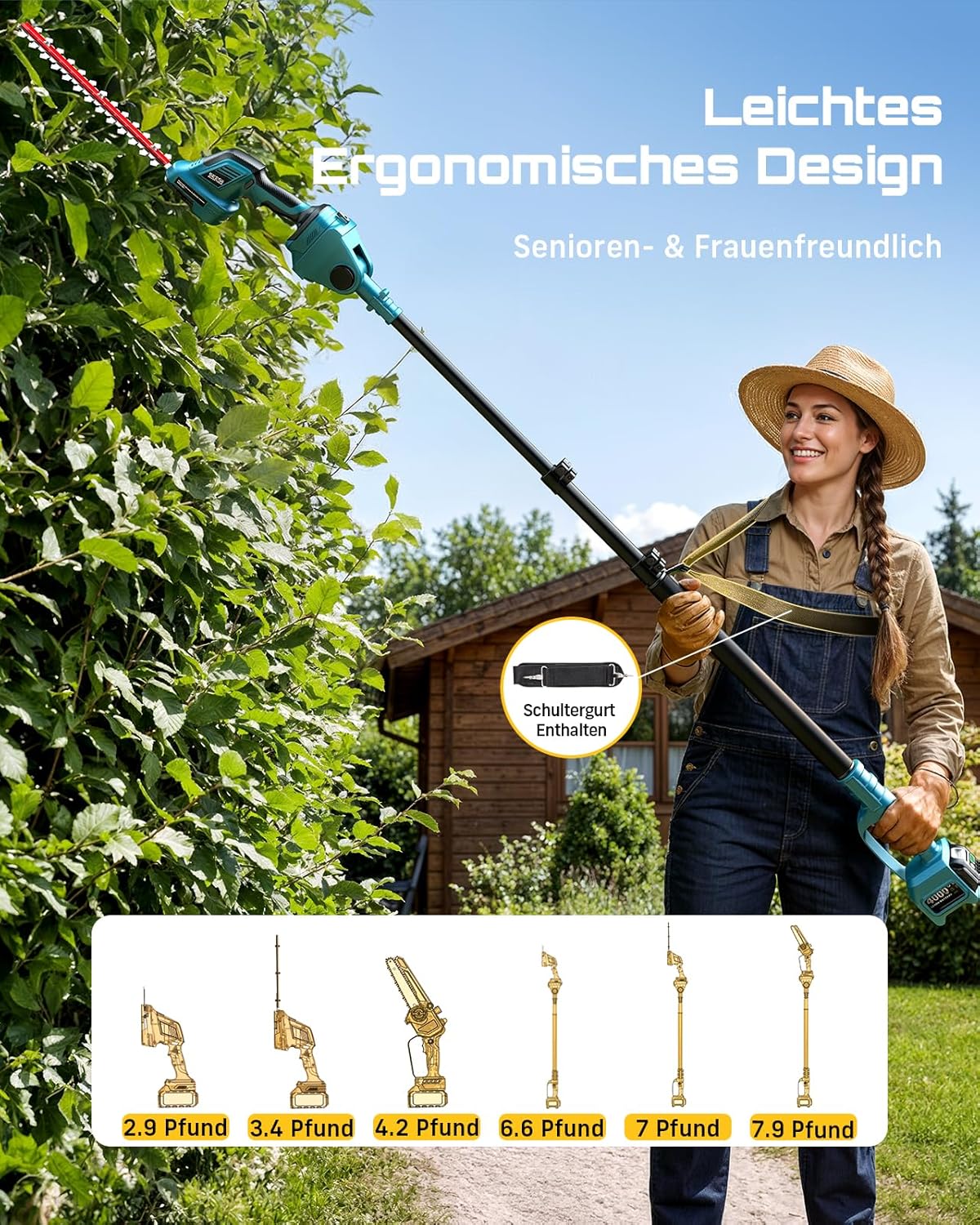 SEESII 6-in-1 Mini Kettensäge & Akku Heckenschere Set, Hochentaster mit 2 * 4000mAh Akkus, Maximale Reichweite bis zu 4,57m, Geeignet für Gartenpflege und zum Holzfällen