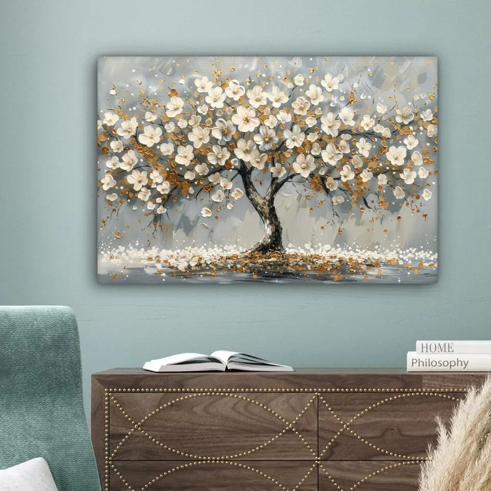 MuchoWow Canvas Schilderij 90x60cm Boom Bloemen Wit Natuur