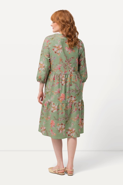 Tunikakleid, floraler Druck, V-Ausschnitt, 3/4-Arm