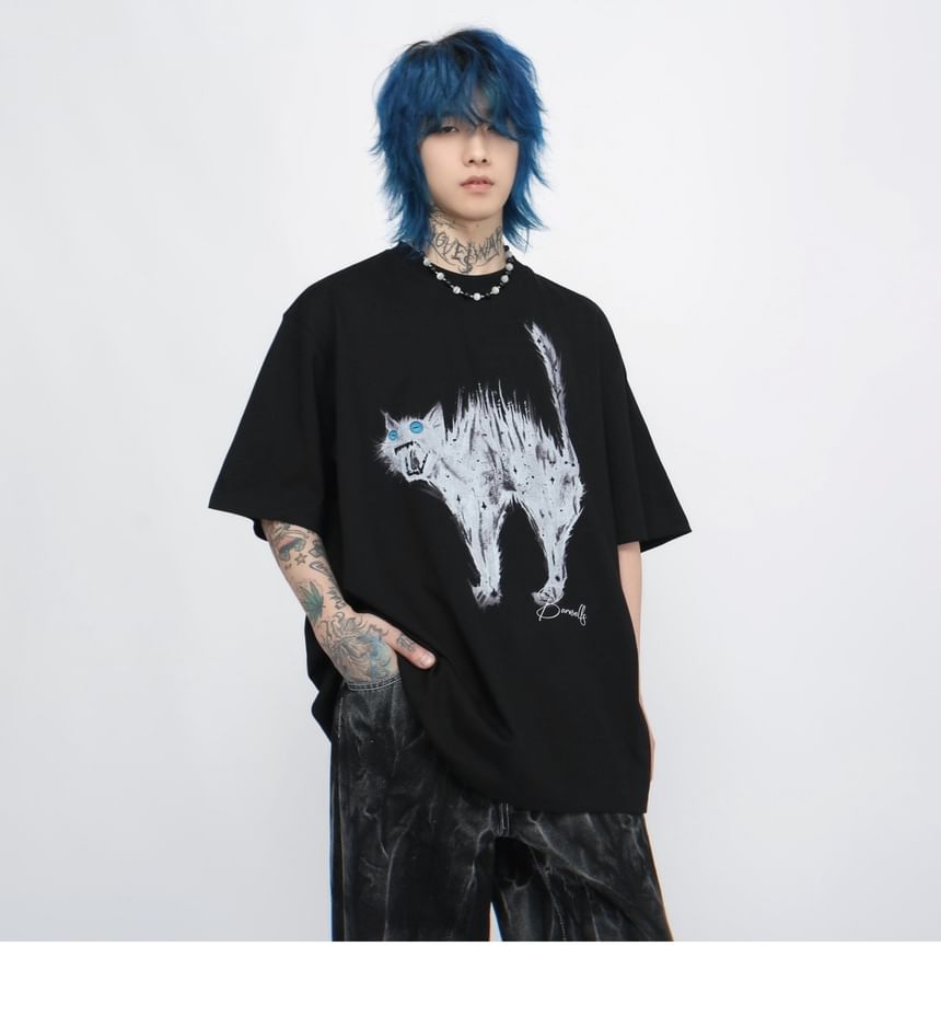 Derbundy - T-shirt met ronde hals en kattenprint, met elleboogmouwen