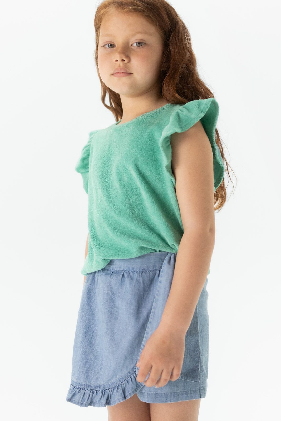 Denim ruffle shorts met overslag