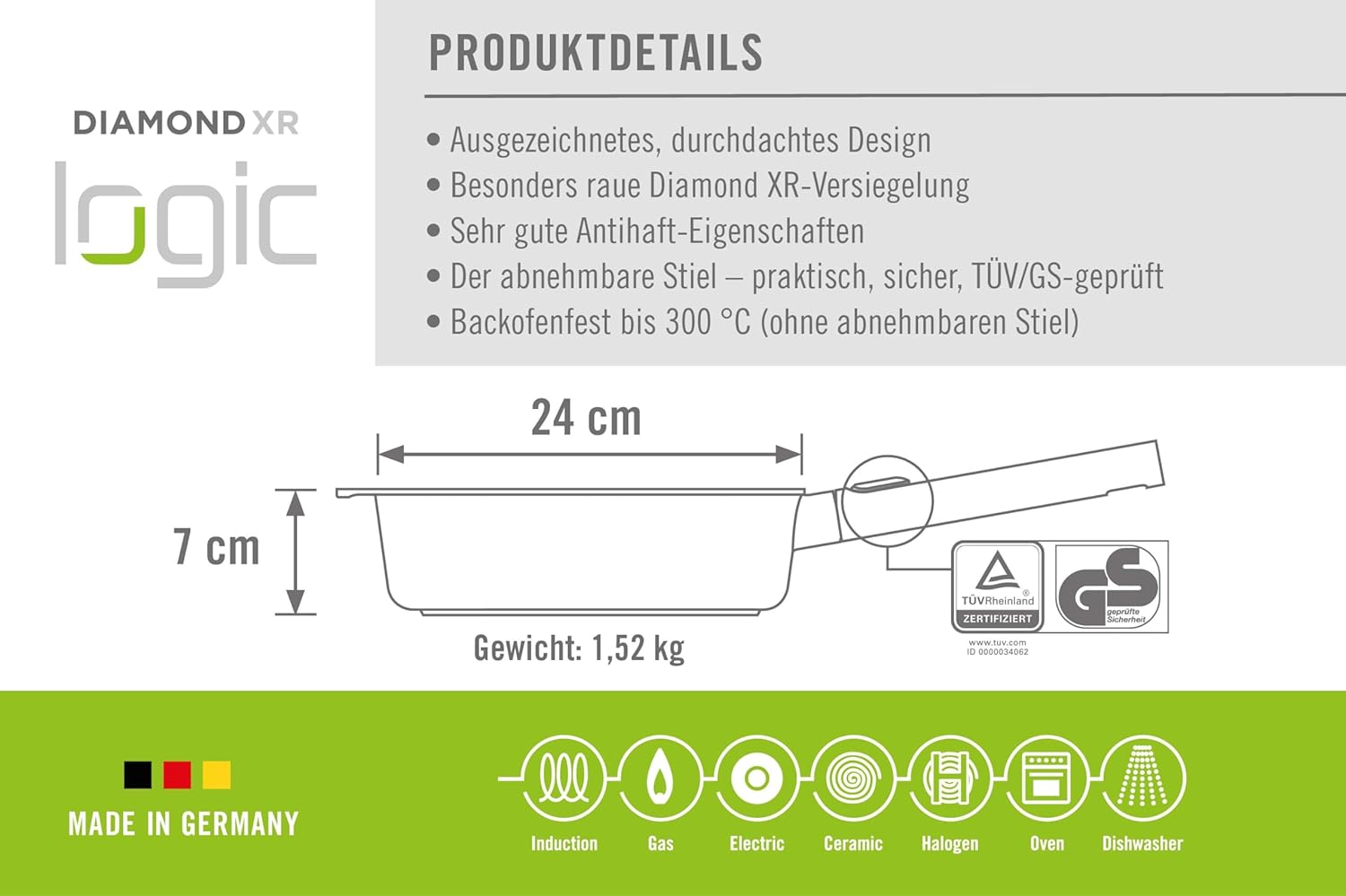 Woll Diamond Logic XR Hochrandpfanne - Induktiv -, Ø 24 cm, 7 cm hoch, mit abnehmbarem Stiel - Geeignet für alle Herdarten, Aluminiumguss, Antihaft-Versiegelung, backofenfest, schwarz