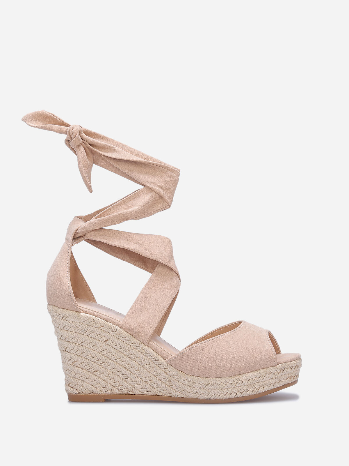 Sandales compensées en suédine à nouer- Beige