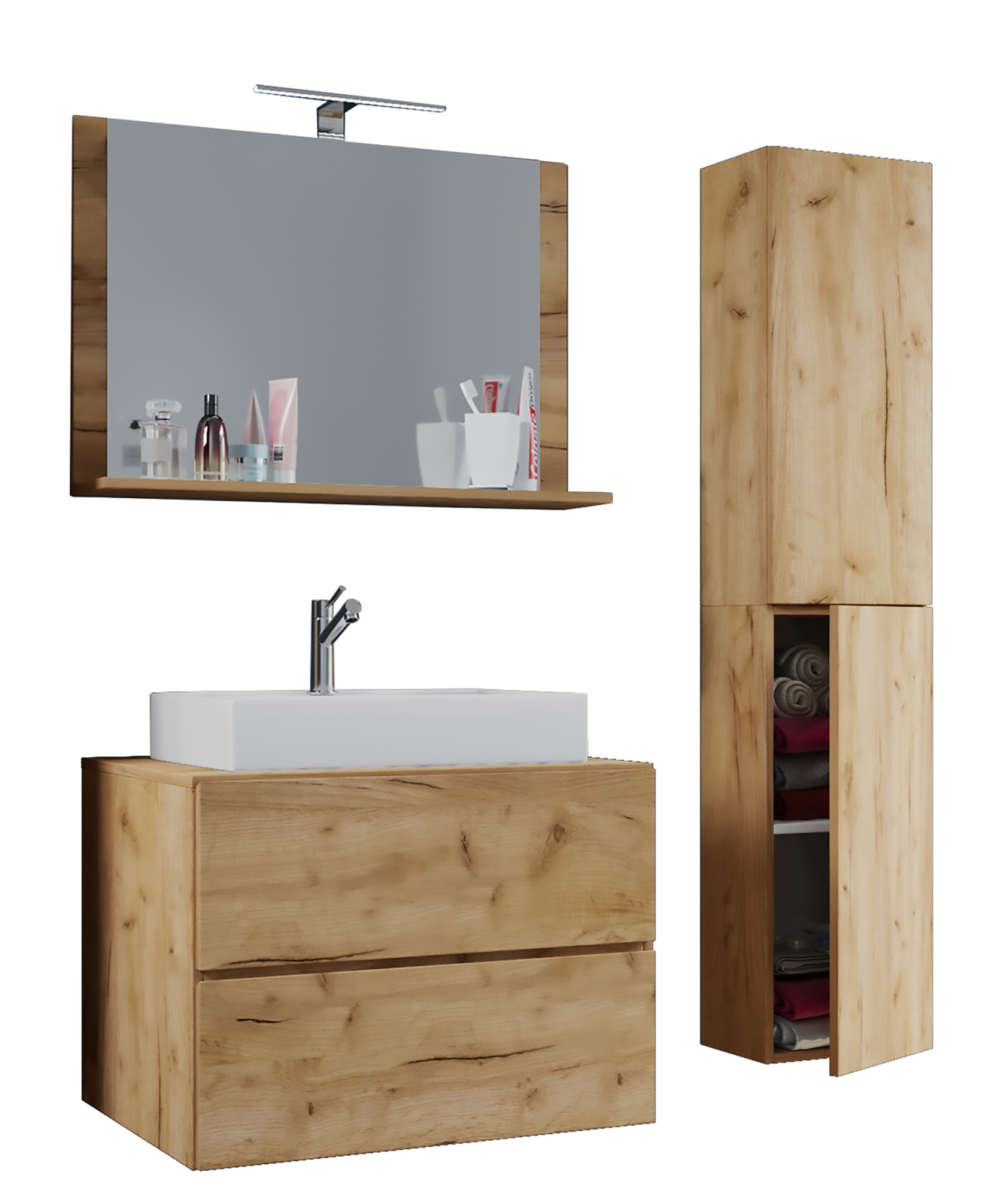 4-teiliges Badmöbel-Set LENDAS L - Honig-Eiche - mit Hochschrank - 60 cm