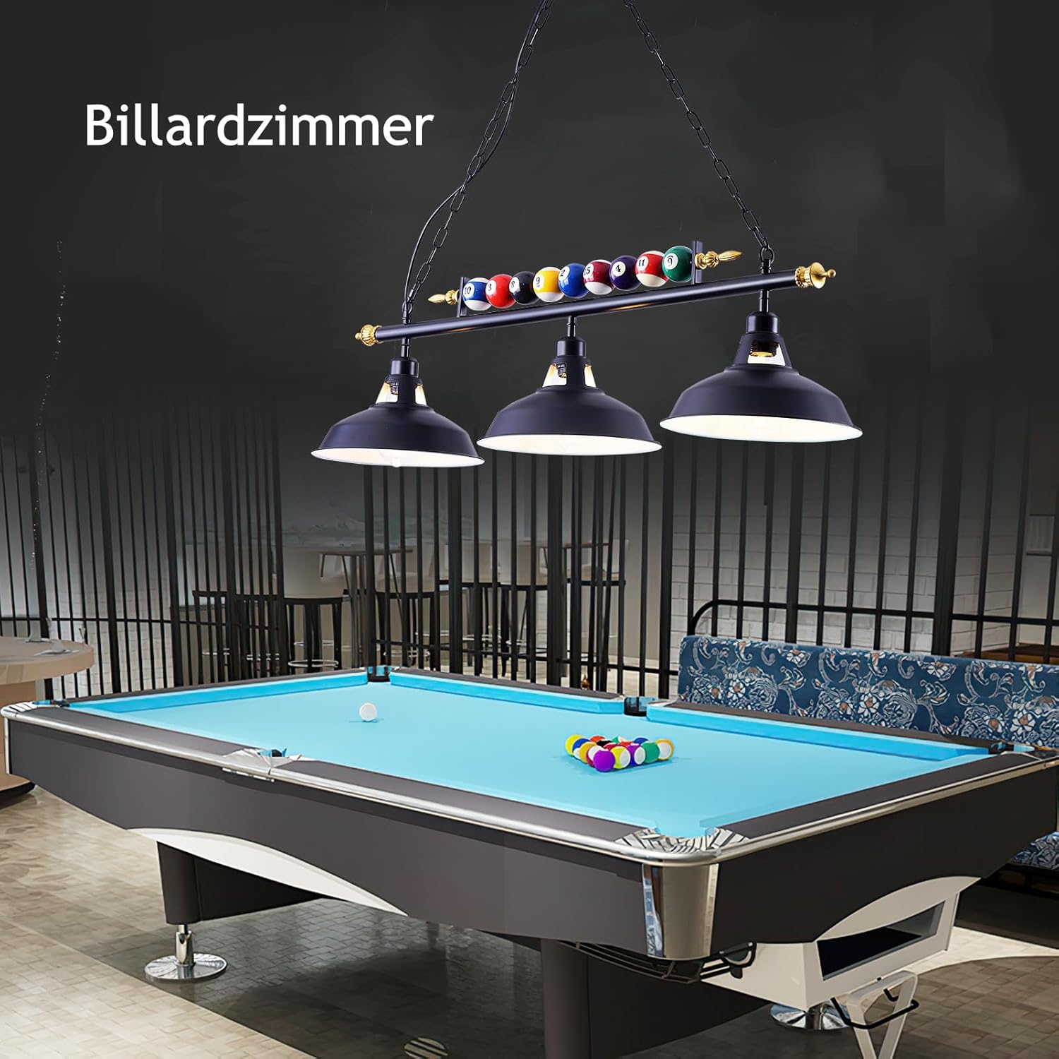 KEELED Billard Lampe Pendelleuchte Schwarz 3 Flammig Vintage Industrial HäNgelampe, 98cm, für Billiard Esstisch, KüCheninsel, Esszimmer, E27-GlüHbirne Nicht Im Lieferumfang Enthalten