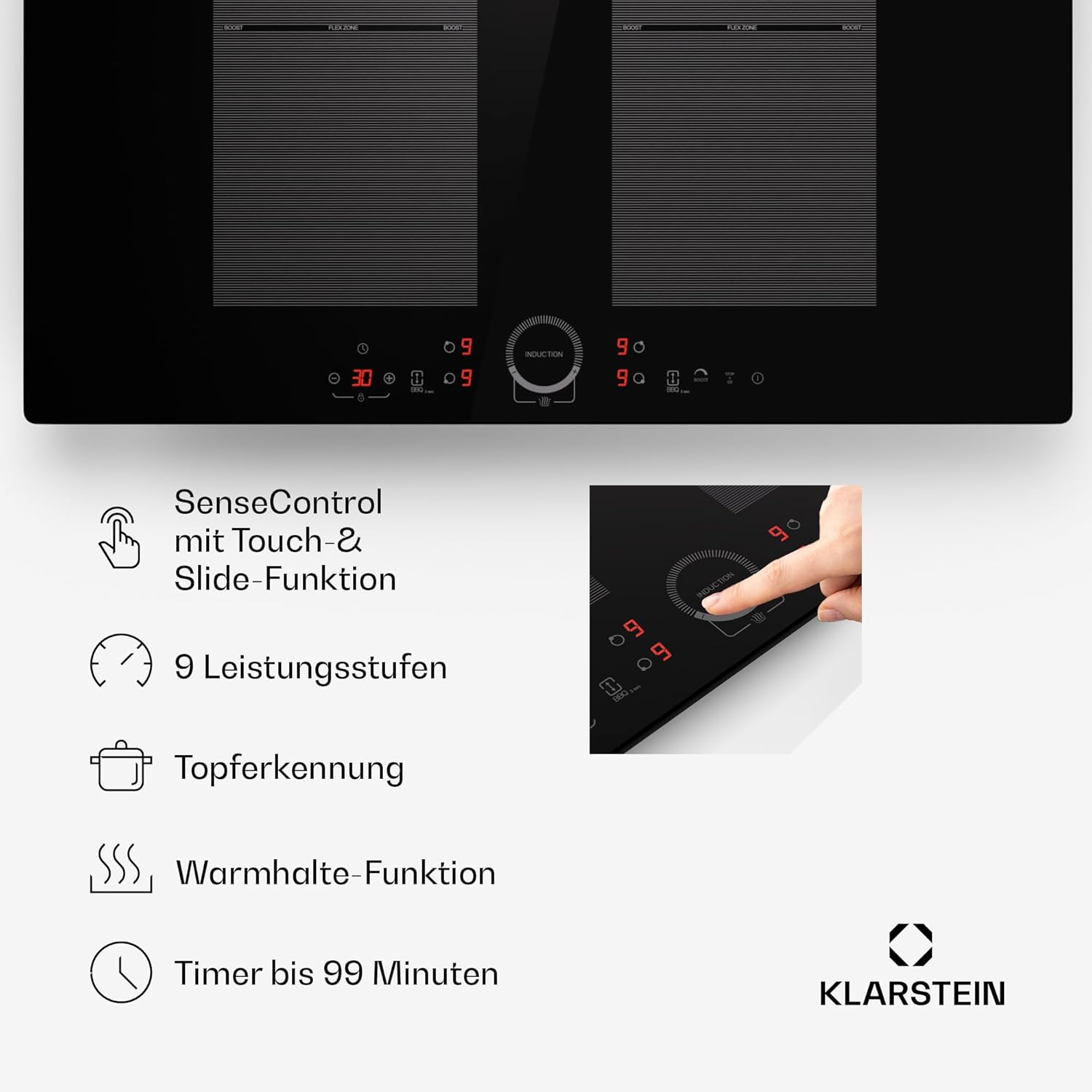 Klarstein Induktionskochfeld 4 Platten - 7000 Watt Induktionskochfeld mit Touch-Bedienfeld & Timer