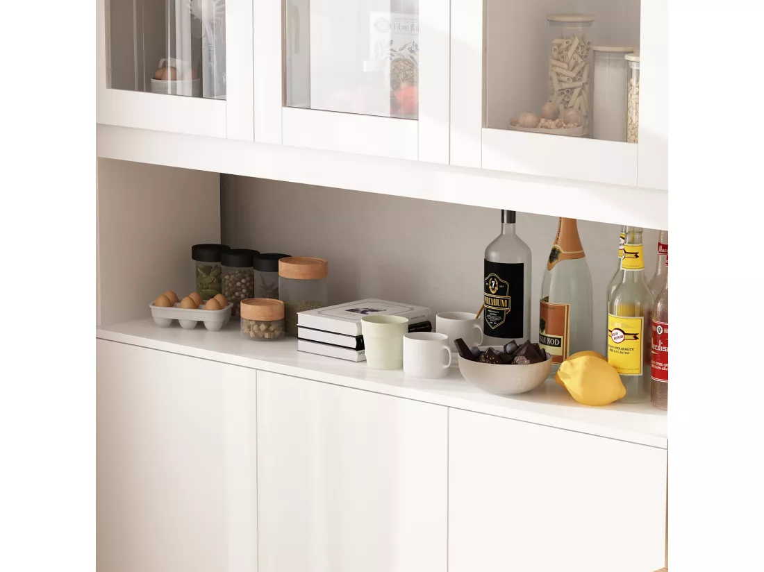 Buffet de cuisine en verre Vitrine de rangement avec étagères Compariment ouvert armoire de cuisine 120x31x180cm Blanc