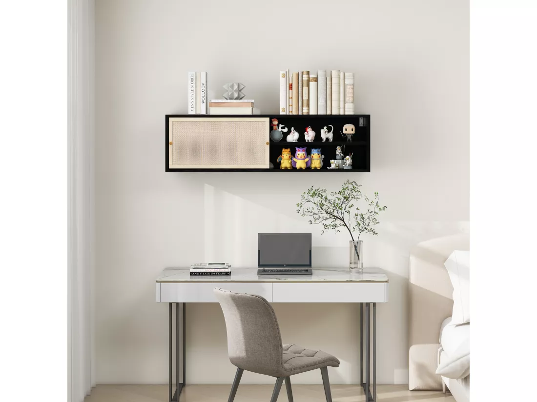 Armoire murale noire avec portes coulissantes à gauche et à droite, en rotin tressé, 110 cm de long, idéale pour chambre, bureau, salon