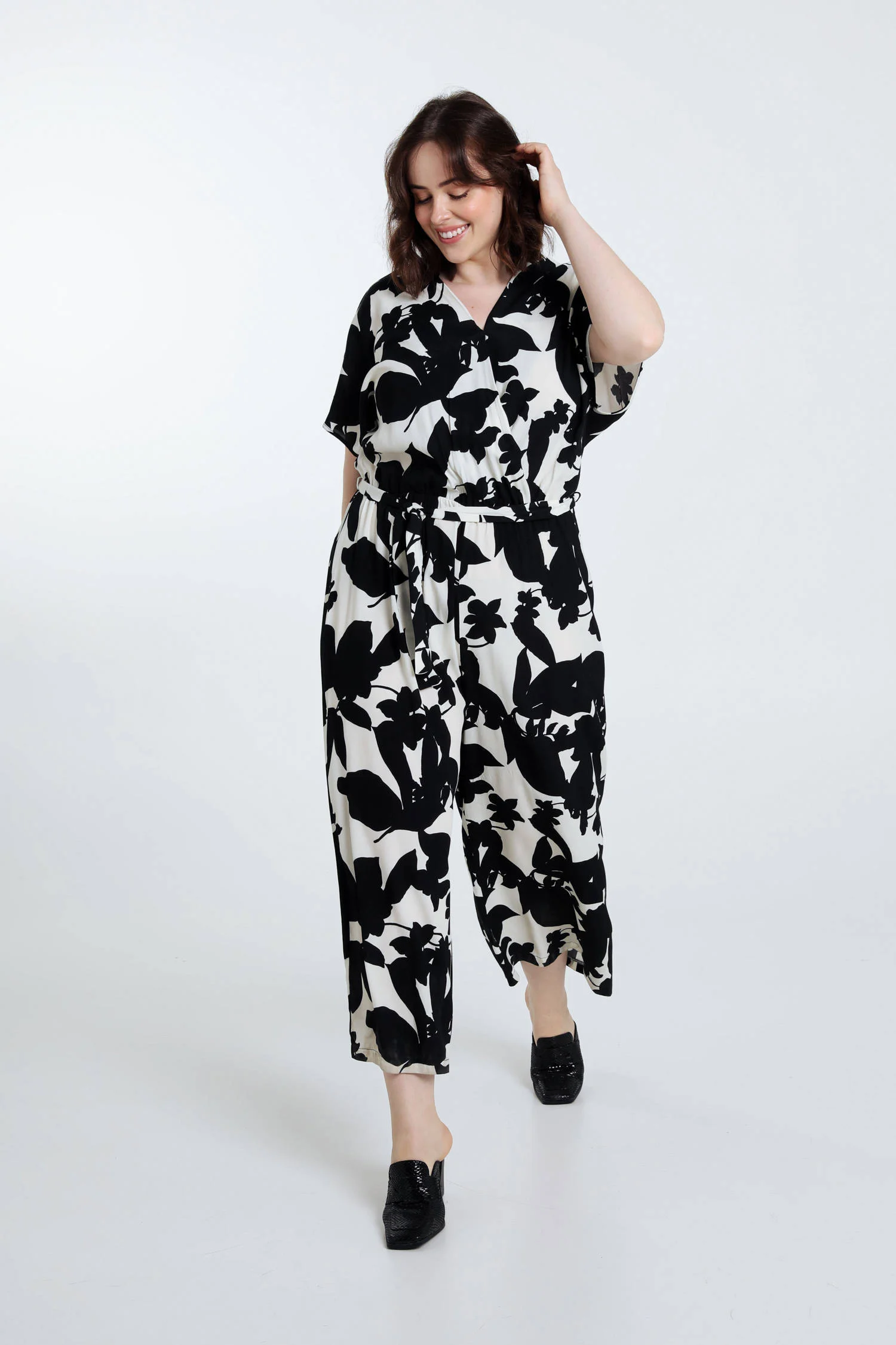Paprika jumpsuit met bladprint zwart/wit