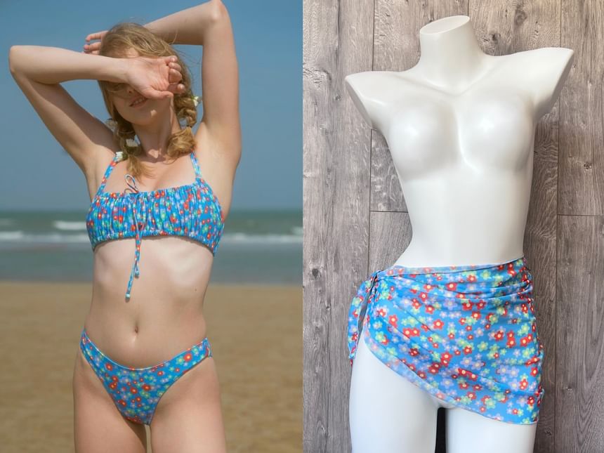 Komorkowe - Set: Bloemenbikinitop + Broekje + Bedekkende Rok