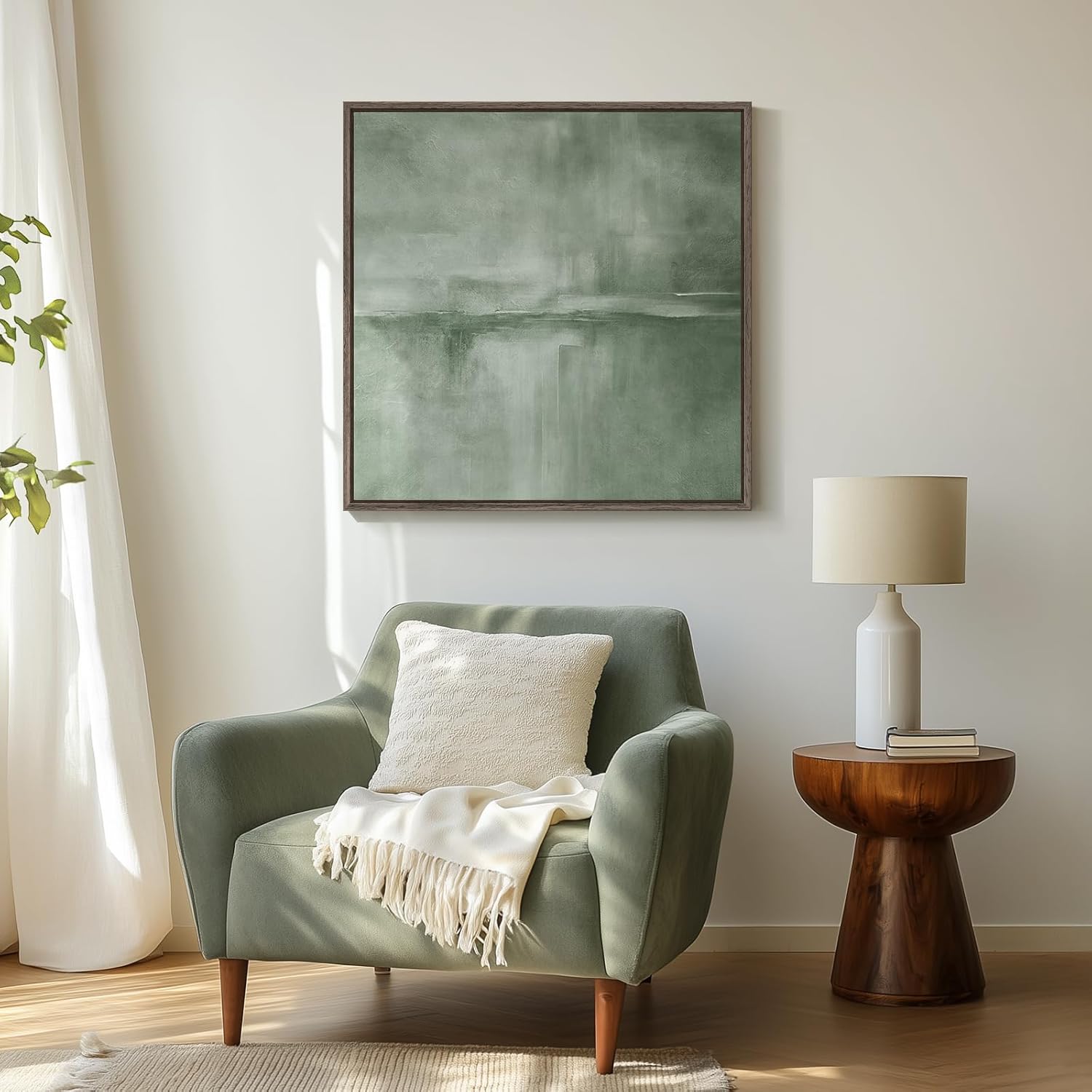 Gerahmte abstrakte Wandkunst, Salbeigrün, moderne Leinwanddrucke, Kunstwerk für Wände, quadratisch, minimalistisch, komplett grün, abstrakte Bilder für Wohnzimmer, Flur, Kamin, Schlafzimmer, Heimbüro