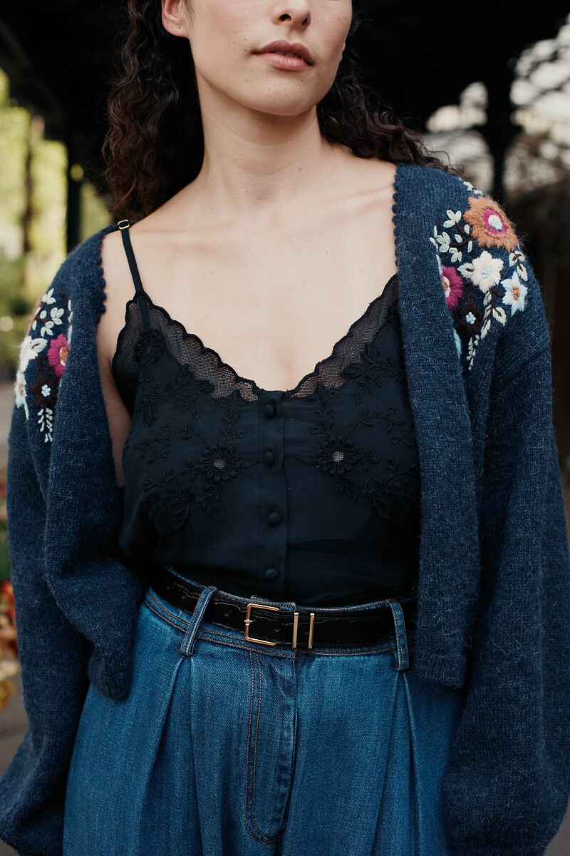 LOUISE MISHA<br>Cardigã com decote em V e bordado floral, LUNAMI