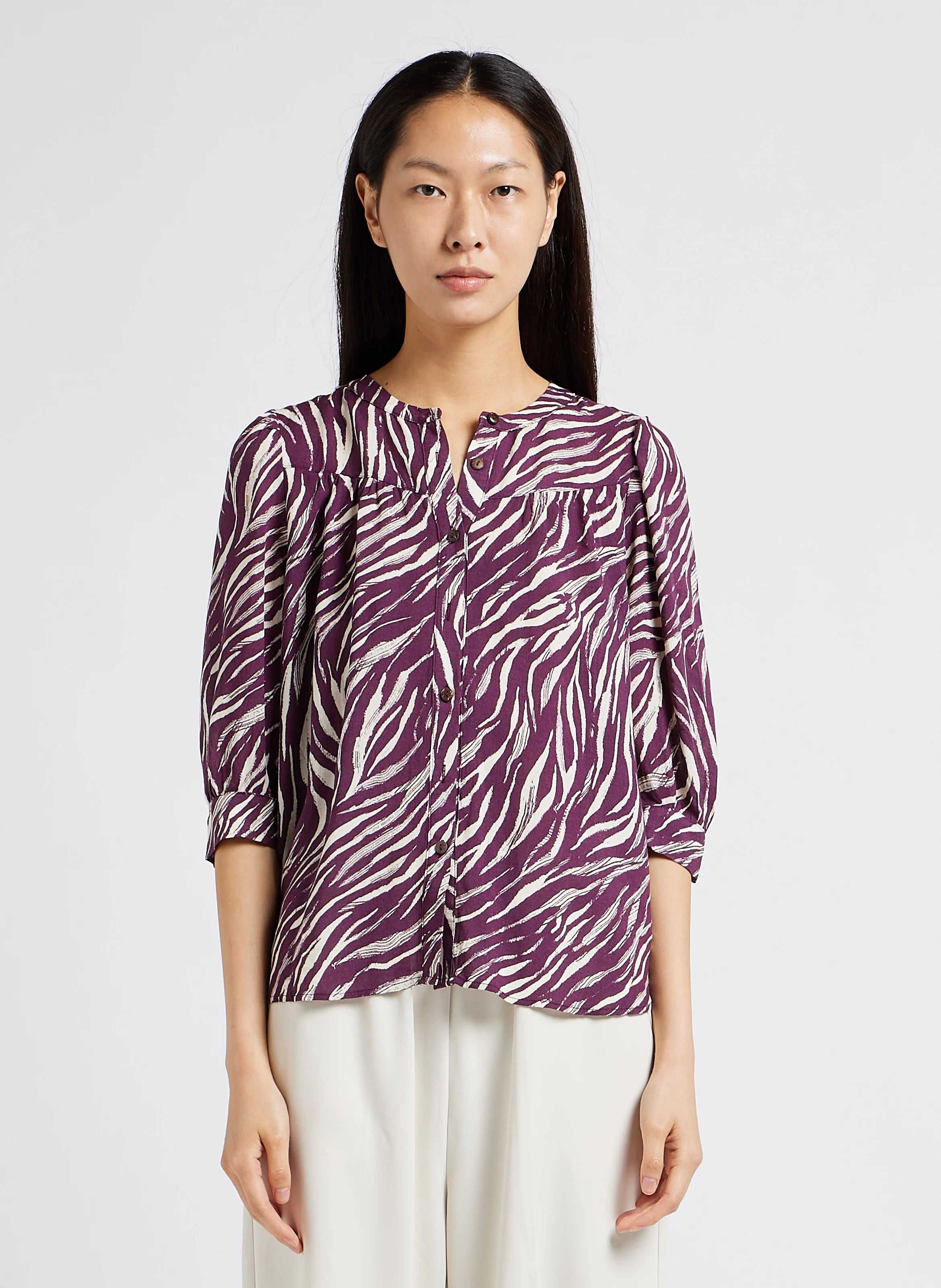 LAZULI - Blouse droite col rond à imprimé| Rose
