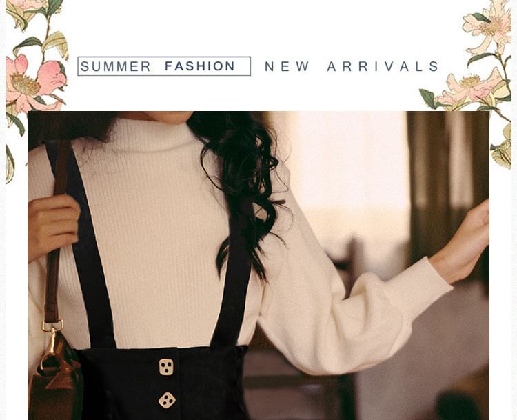 Cocaliso - Set: Lange mouwen, effen gebreide top met mock neck + hoge taille midi A-lijn jarretelrok