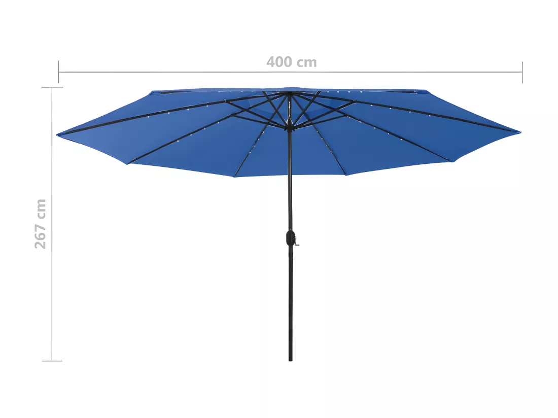 Parasol d'extérieur avec LED et mât en métal 400 cm Bleu azuré