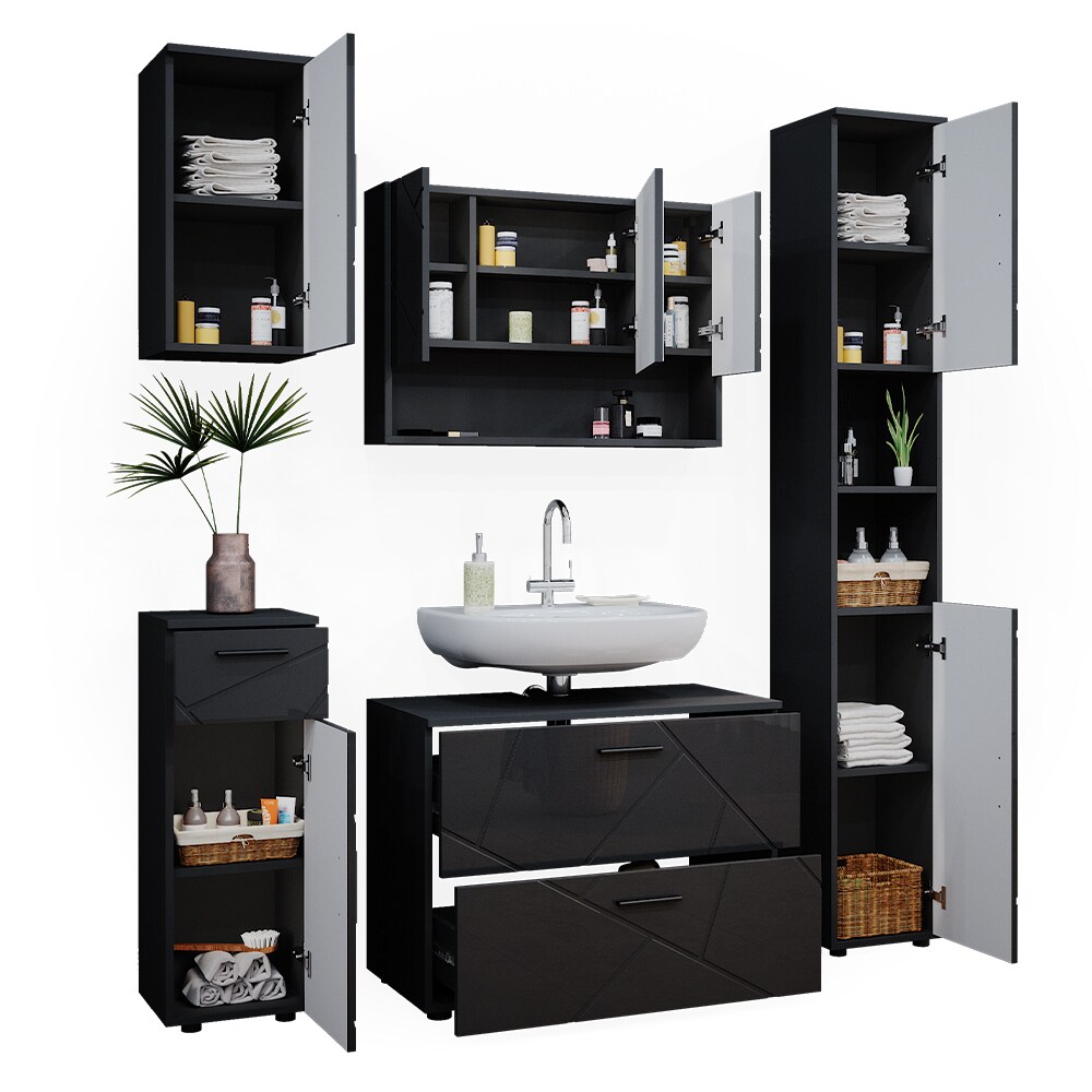 Vicco Badmöbelset Irma Anthrazit Hochglanz modern 80 cm 30 cm Badezimmerschrank Badschrank Badezimmermöbel Waschtischunterschrank Spiegelschrank Hochschrank Midischrank Hängeschrank Tür Schublade