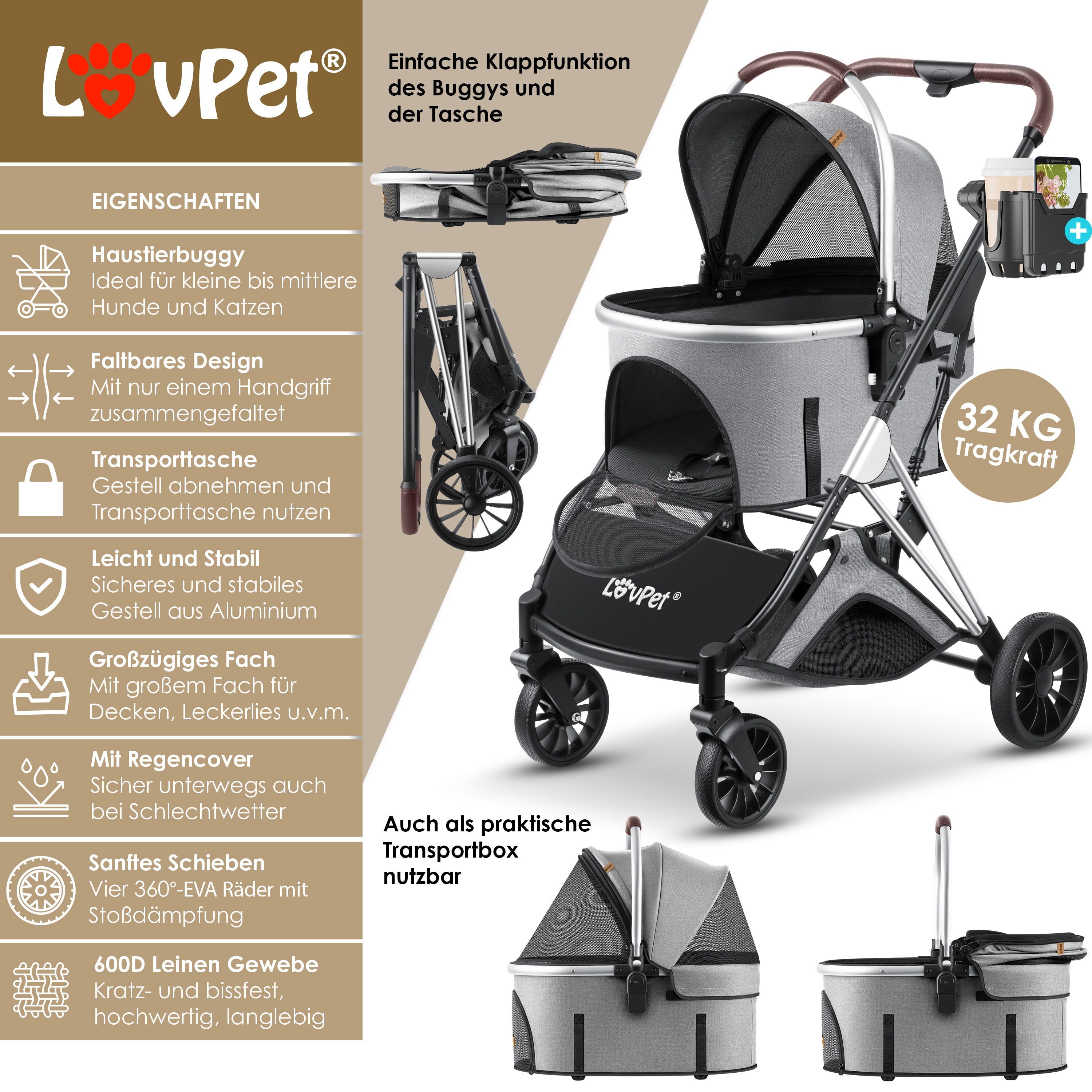 LOVPET® Hundewagen 3in1 Hundebuggy Hundebox Transporttasche 360° Große Räder Faltbar klappbar Haustiere Buggy mit Netzfenstern & Regenschutzabdeckung Jogger Katzenbuggy für kleine Hunde Katzen