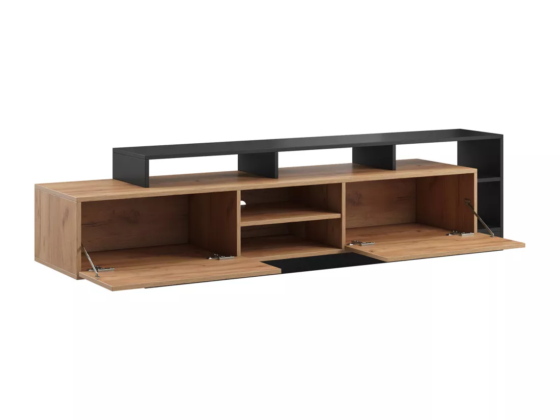 Meuble TV 2 portes et 6 niches avec LEDs - Naturel clair et Anthracite - IDESIA
