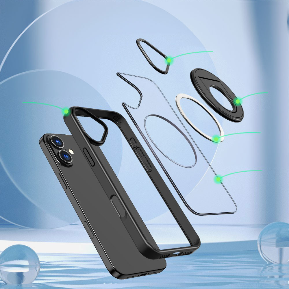 iPhone 16 MagSafe Hybrid Hardcase Hülle mit Kunststoff Rückseite und TPU Bumper   Kickstand Aufsteller - Blau / Transparent