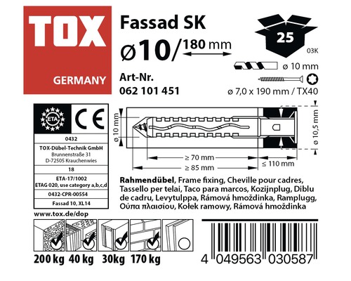 Kozijnpluggen Tox Fassad SK 10/180, 25 stuks