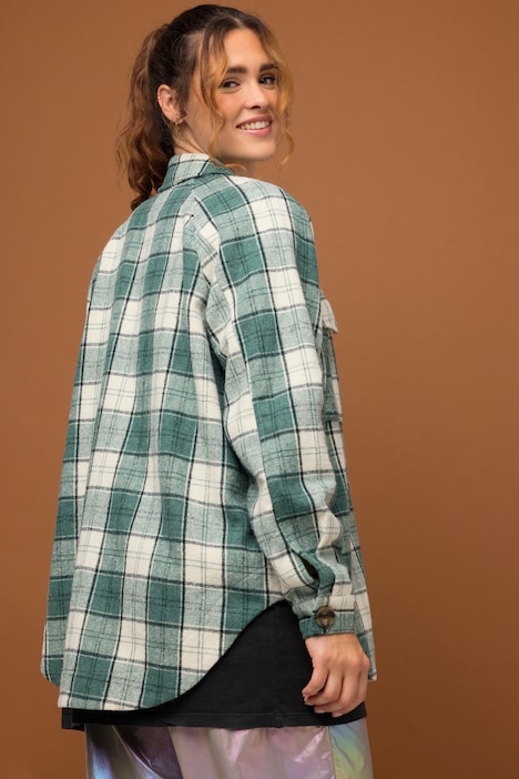 Karo-Flanellhemd, oversized, Hemdkragen, Raglan-Langarm