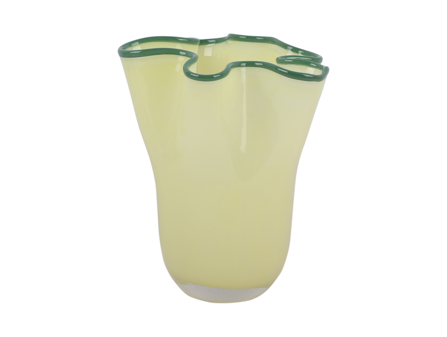 Vase Ruffles glass medium soft yellow w. jungle green rim