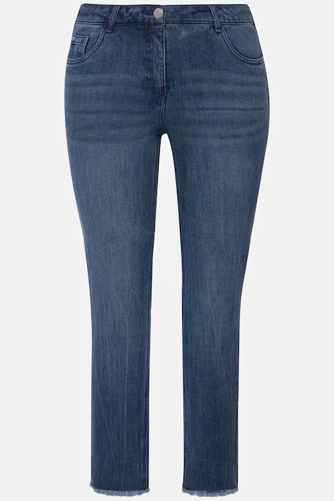 Jeans Sarah, Schriftdruck, High Waist, schmal, Fransen