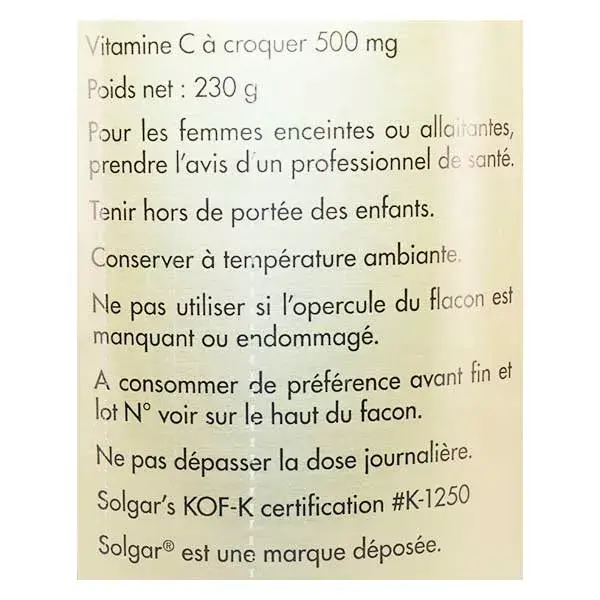 Solgar Vitamine C 500mg Framboise Cranberry 90 comprimés à croquer