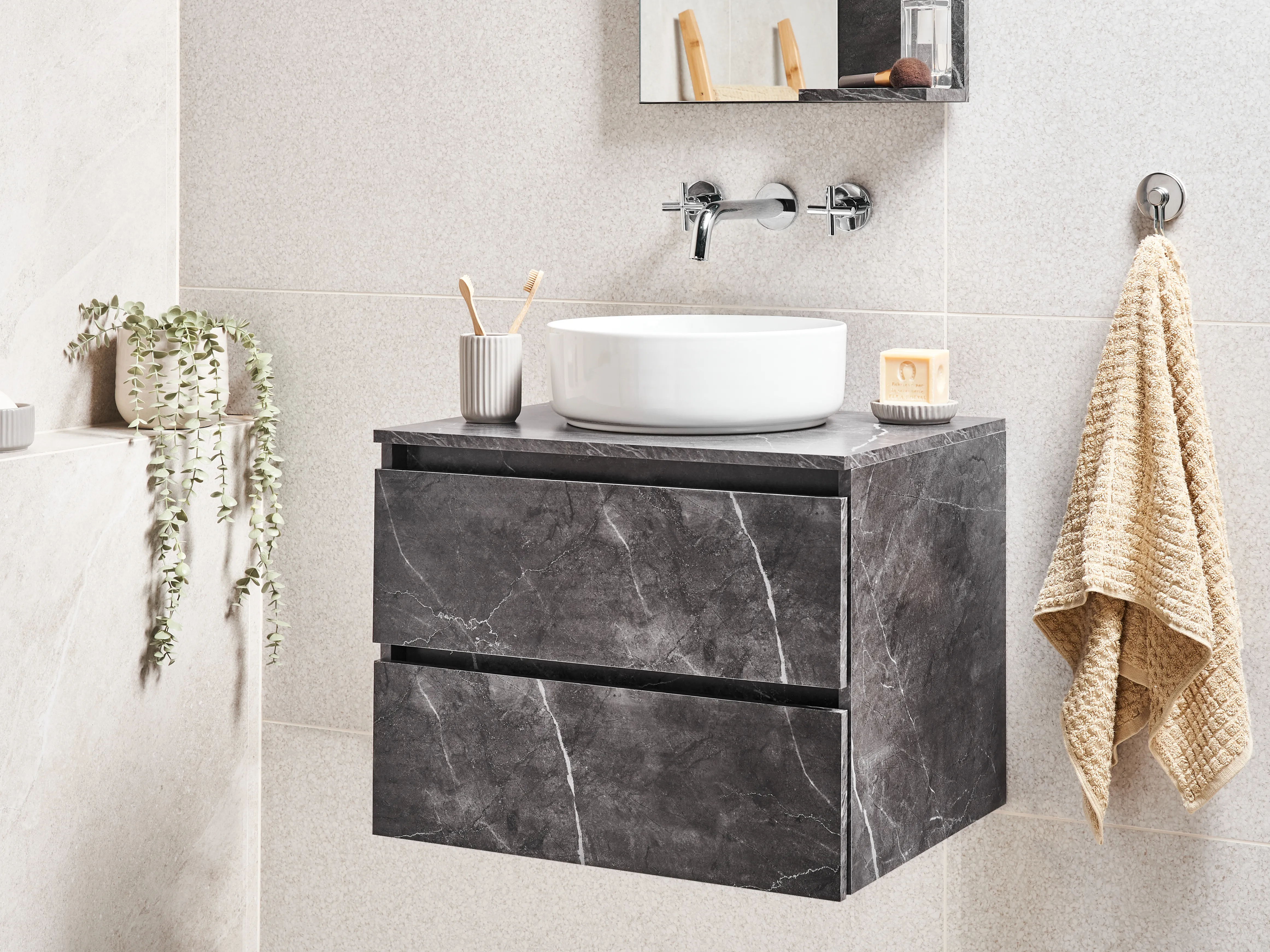 Wandgemonteerde wastafelkast SERRA 60 cm Zwart marmer