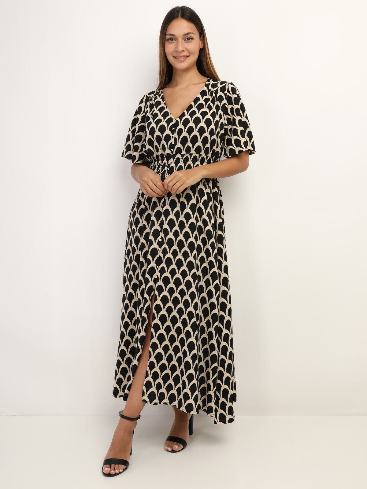 Robe boutonnée à motif graphique- Noir