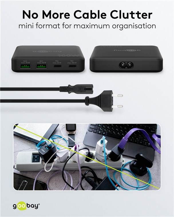 (100W) Laptop / Tablet / Smartphone GaN Multiport Tischladegerät 2x USB C  / 2x USB A (70764) - Schwarz