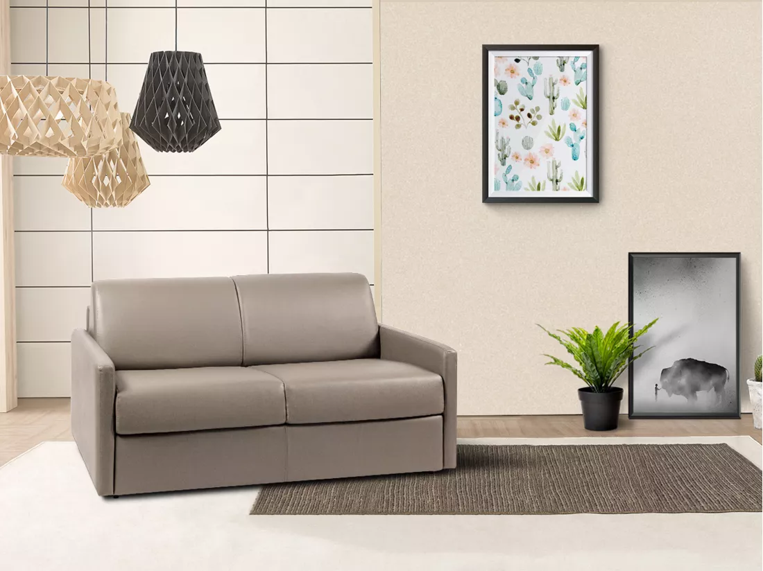 Canapé 2 places convertible express en simili taupe - Couchage 120 cm - Matelas 18 cm CALIFE