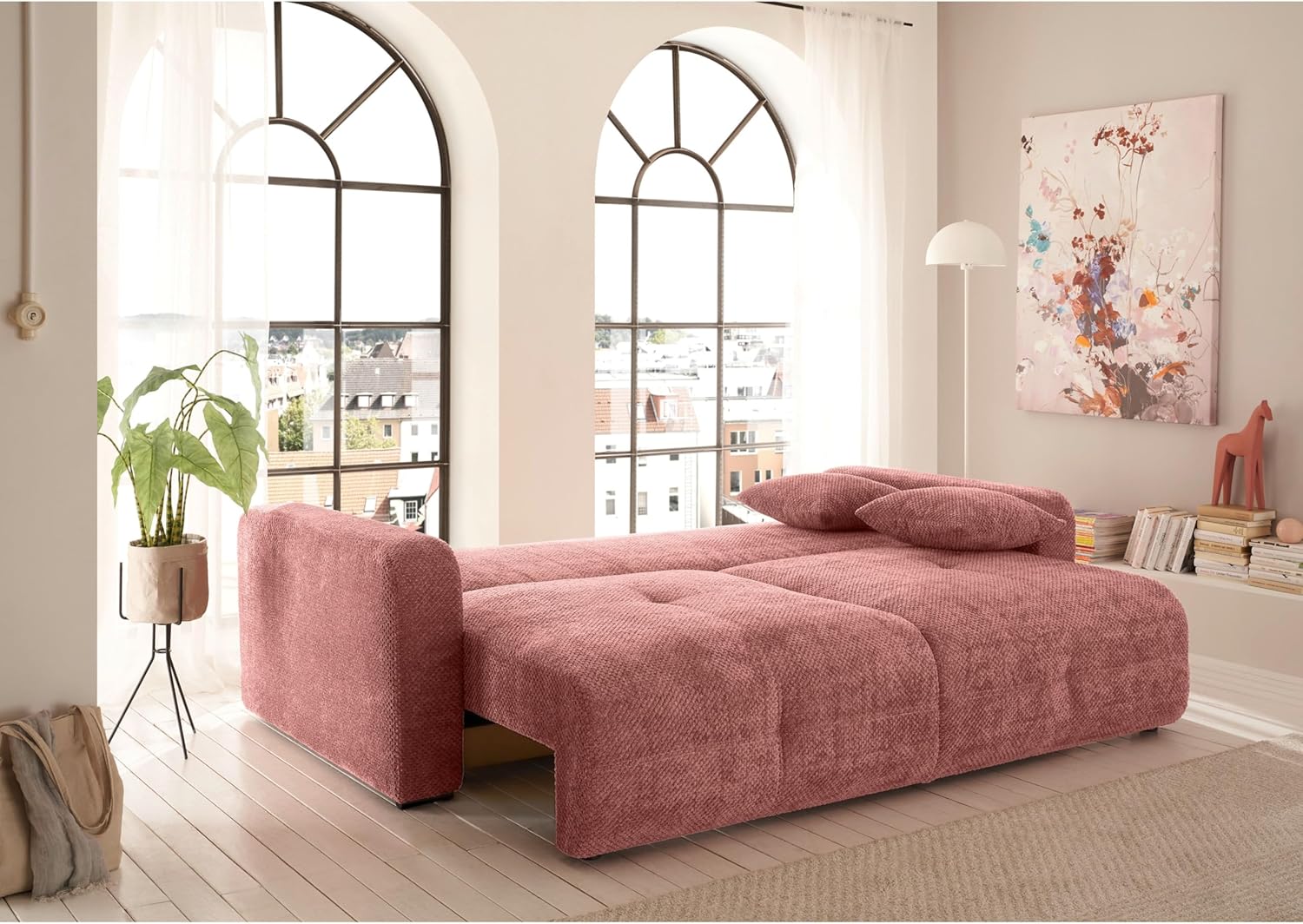 BULLET Bequemes Schlafsofa mit Bettkasten, Stoffbezug Koralle - Klappbares Sofa mit Schlaffunktion - 235 x 88 x 120 cm (B/H/T)