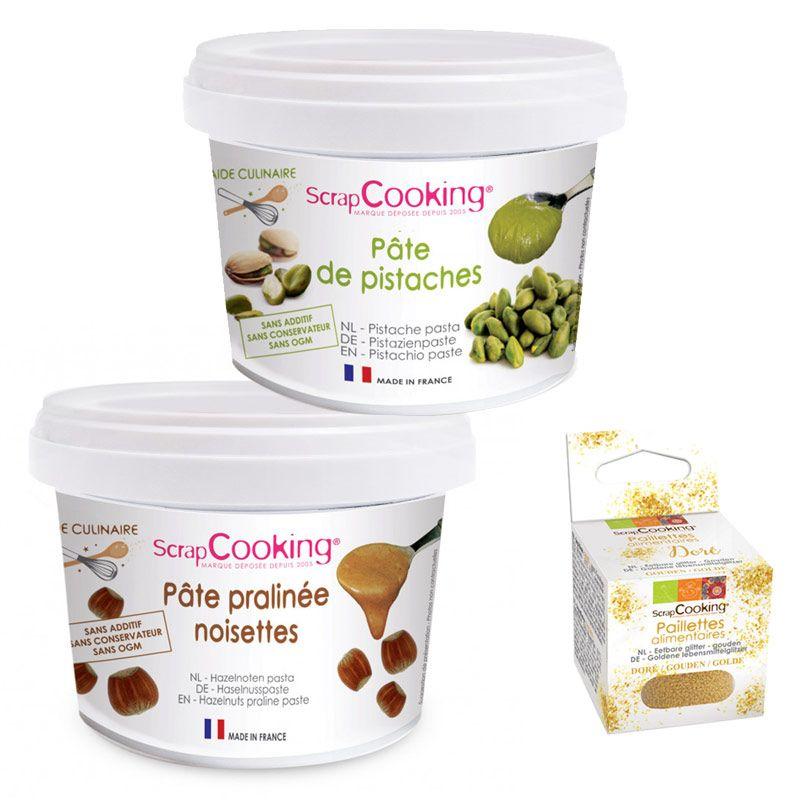 Pâte de pistache 200 g + pâte de noisette 200 g + paillettes dorées Sc