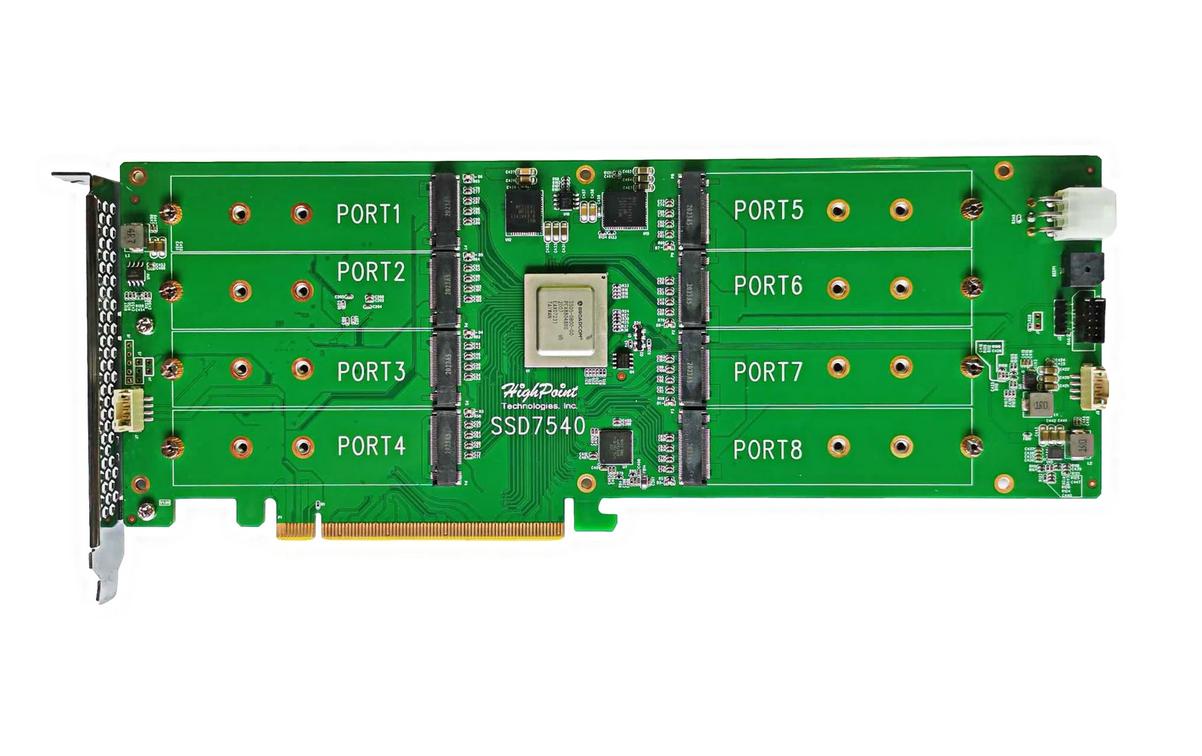 RAID-Controller SSD7540 8xPCIe-x4v4 M.2, nicht bootfähig<br>HighPoint SSD7540 NVME-M.2 Raidcontroller, PCIe 4.0 x16 / 8x M.2 Ports. Nicht Bootfähig