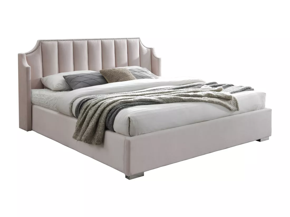 Lit coffre 140 x 190 cm avec tête de lit incurvée - Velours - Rose + Matelas - TEOMIS