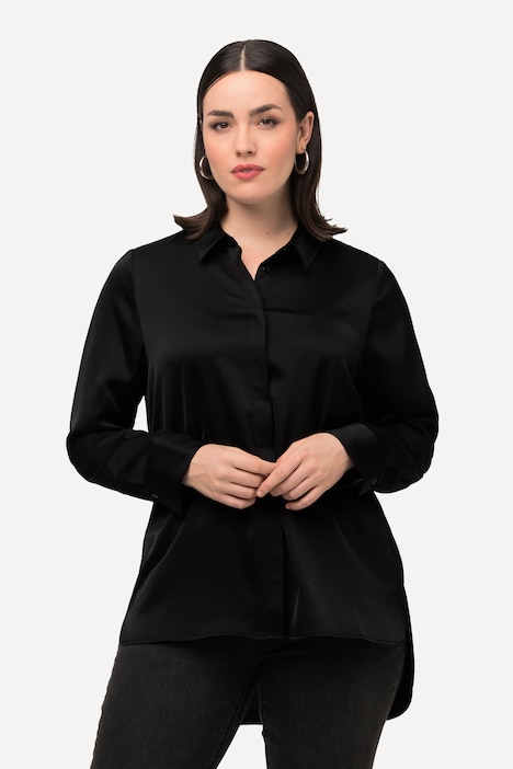 Satin-Hemdbluse, hinten länger, Hemdkragen, Langarm